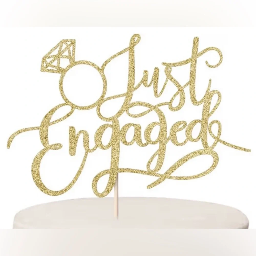 🍄Gold Glitter 'Just Engaged' Cake Topper Bamboo Stick Ring Bachelorette Wedding